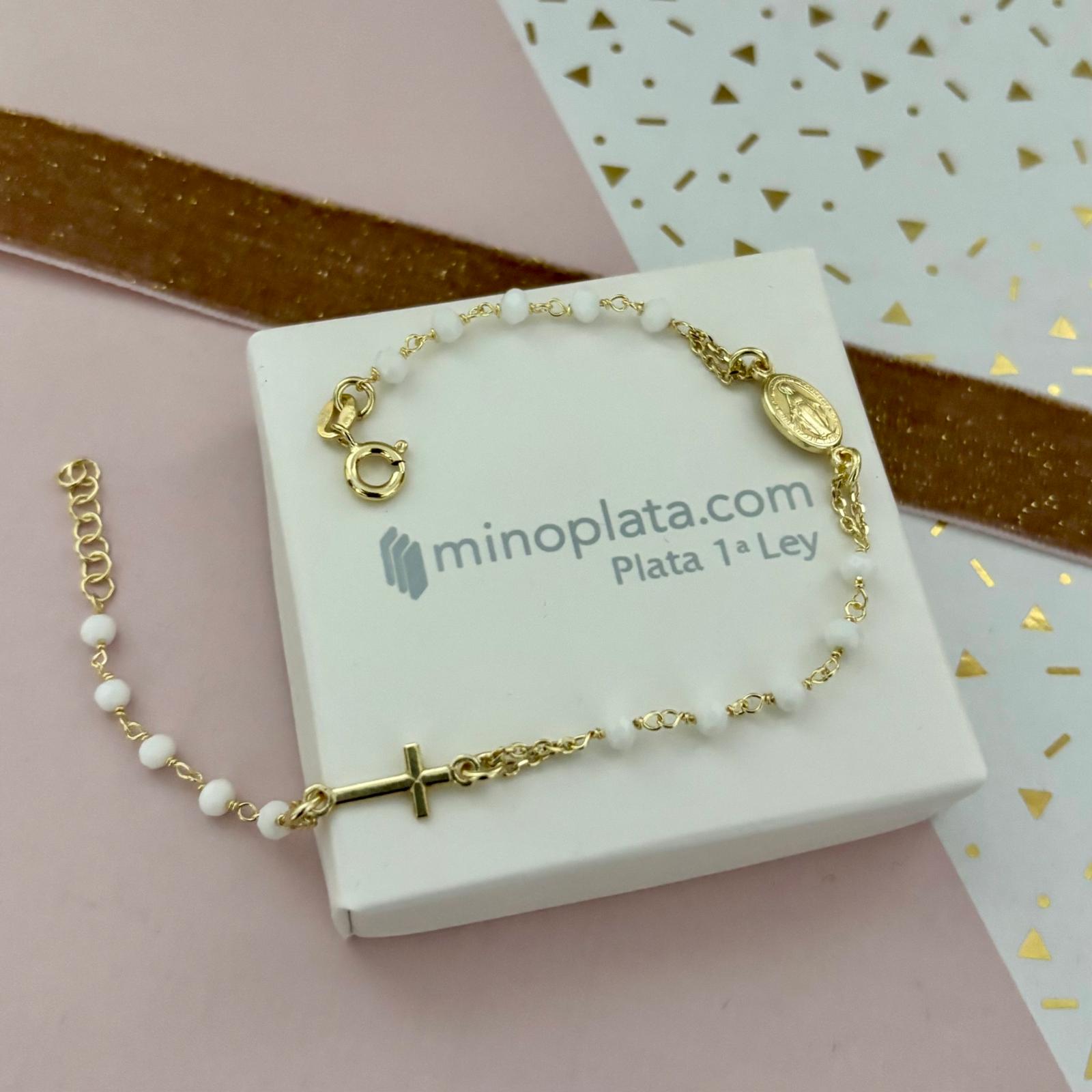Pulsera rosario piedras blancas con Virgen Milagrosa y Cruz de Plata de ley 925 chapada en Oro
