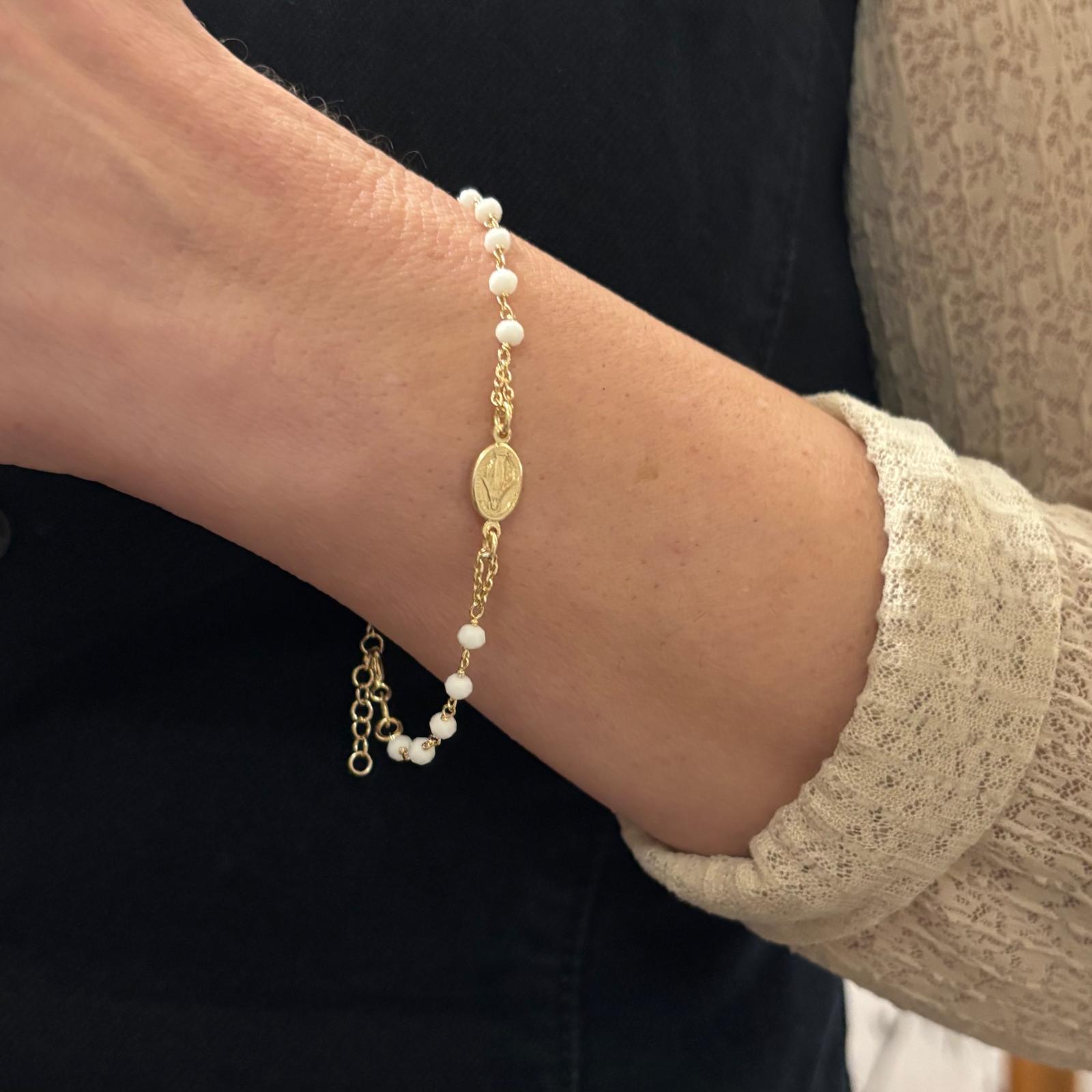 Pulsera rosario piedras blancas con Virgen Milagrosa y Cruz de Plata de ley 925 chapada en Oro 5