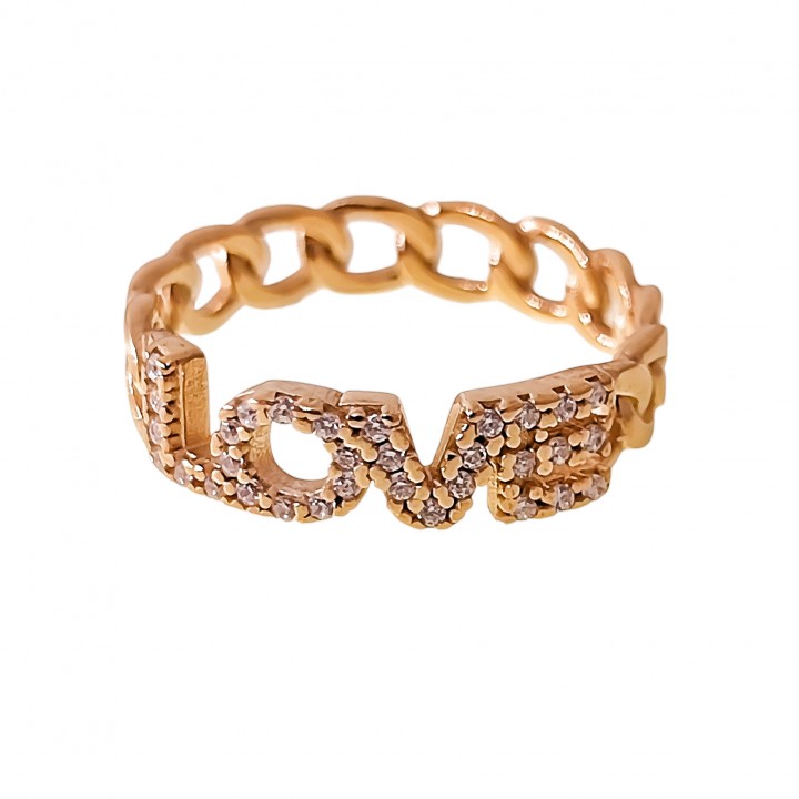 Anillo eslabones LOVE de Plata de ley chapada en oro y Circonitas