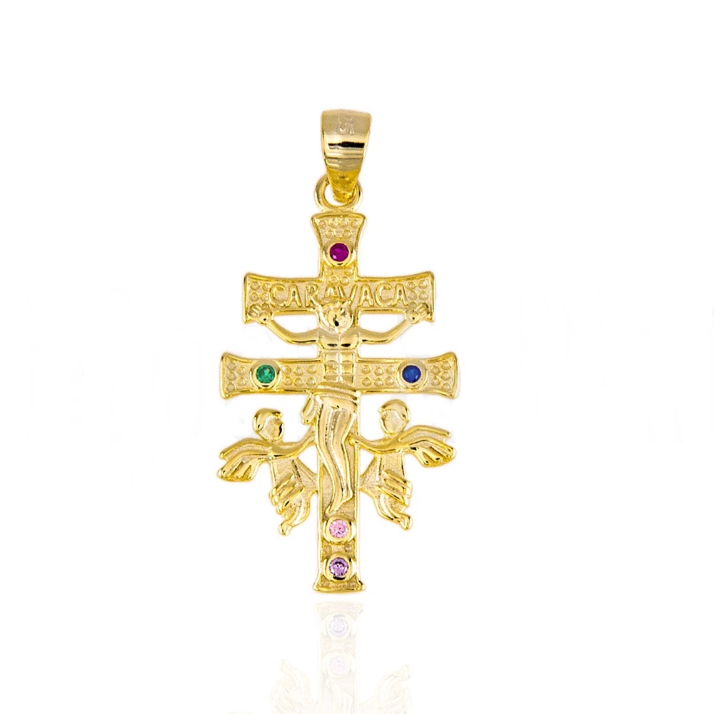Cruz de Caravaca de Plata chapada en Oro con Circonitas colores 30mm x 17mm