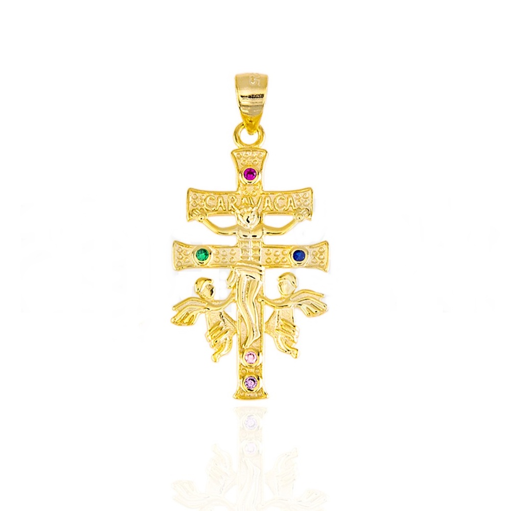 Cruz de Caravaca de Plata dorada con Circonitas de colores 29mm x 16mm