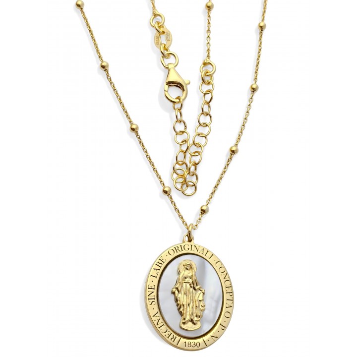 Gargantilla Virgen Milagrosa Nácar en Plata de ley chapada en Oro cadena bolitas