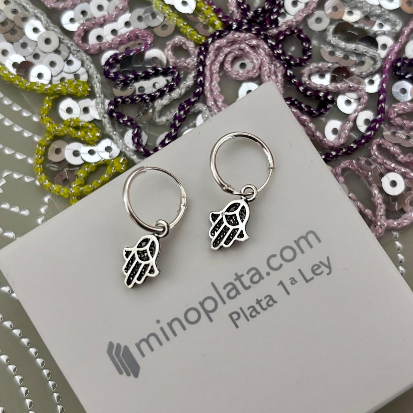 Pendientes aros 12mm con Mano de Fátima colgante de Plata de ley vieja 5