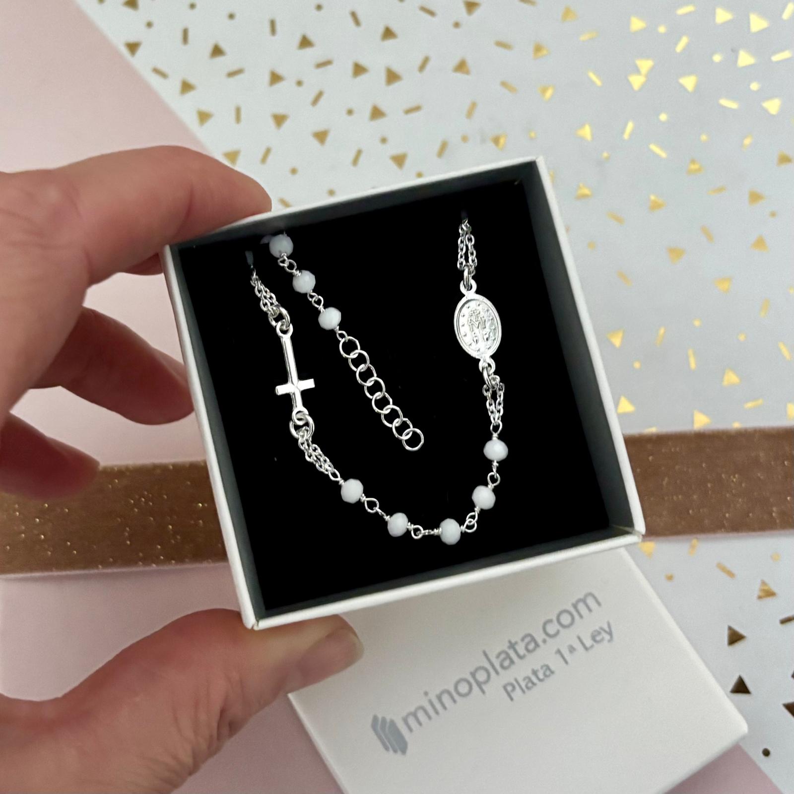 Pulsera rosario piedras blancas con Virgen Milagrosa y Cruz de Plata de ley 925 5