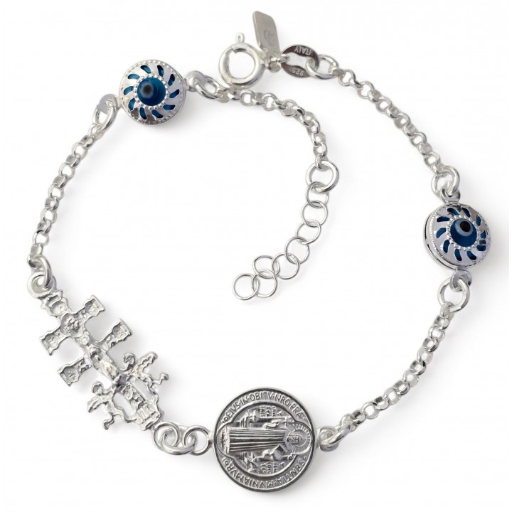Pulsera Ojo turco con Medalla de San Benito y Cruz de Caravaca de Plata de ley