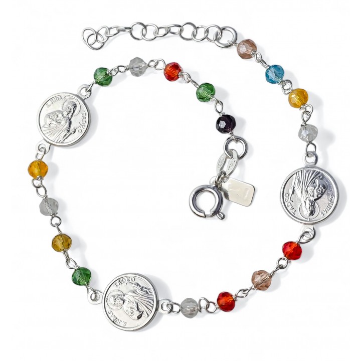 Pulsera medallas de San Judas Tadeo en Plata de ley 925 con piedrecitas de colores