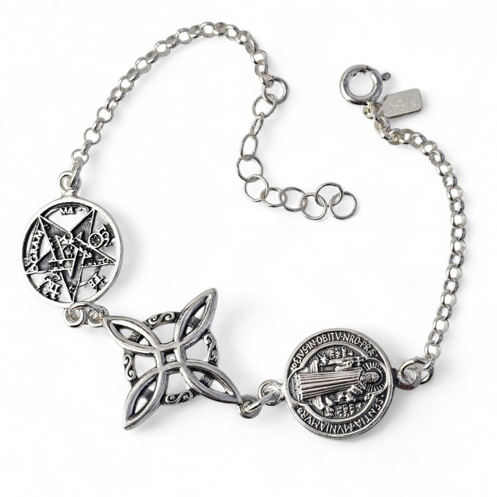 Pulsera triple protección Nudo de Bruja, Medalla San Benito y Tetragramatón de Plata de ley envejecida