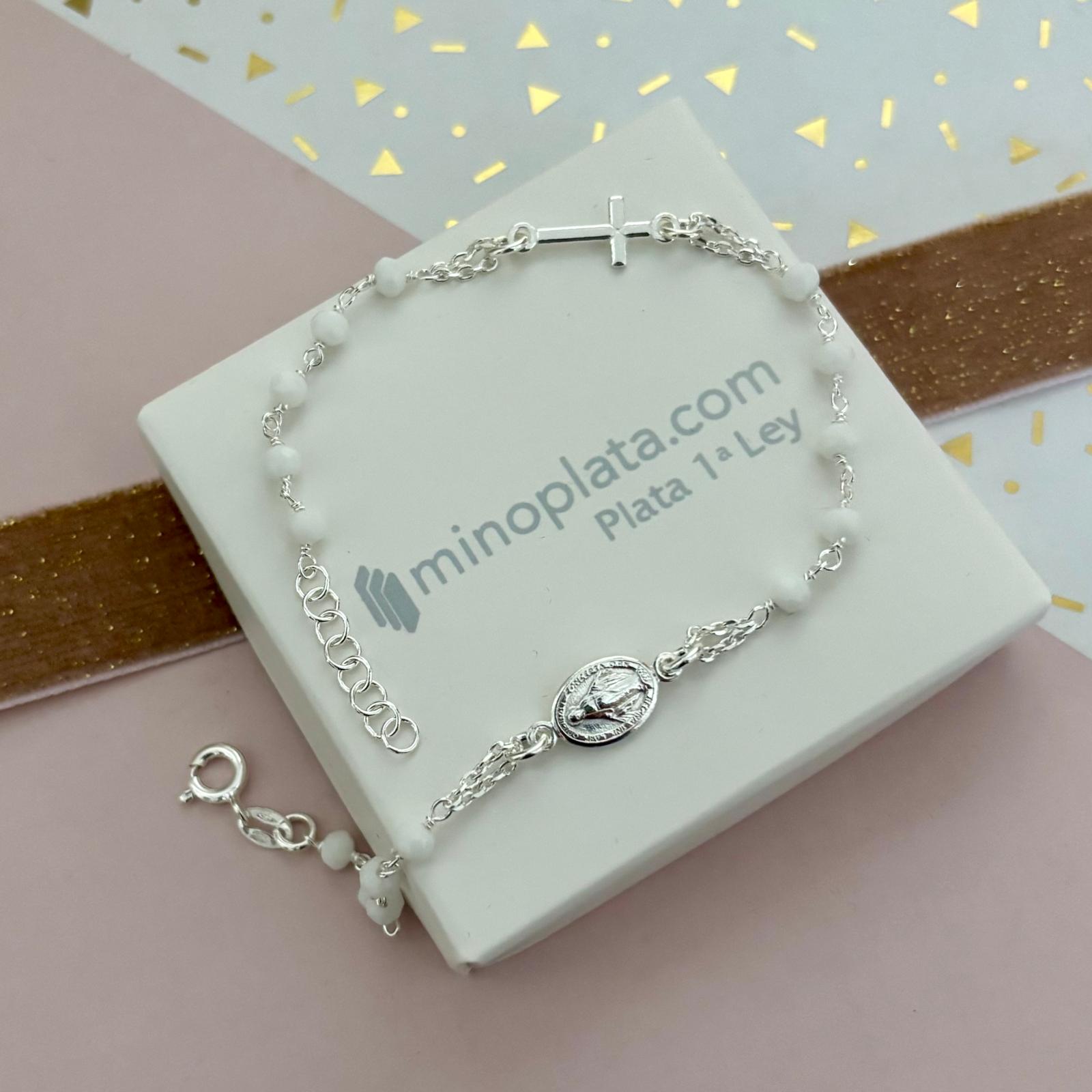 Pulsera rosario piedras blancas con Virgen Milagrosa y Cruz de Plata de ley 925 4