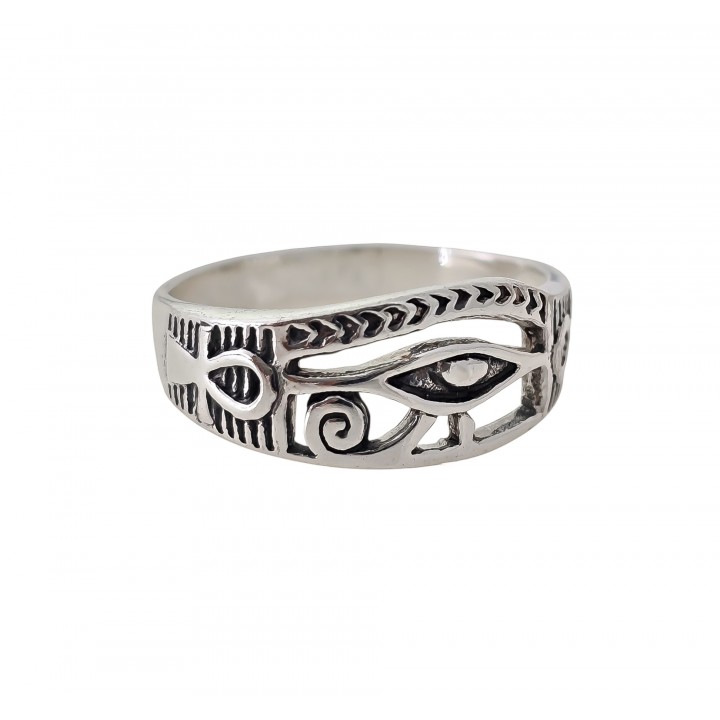 Anillo Ojo de Horus y Cruz de la Vida de Plata de ley envejecida
