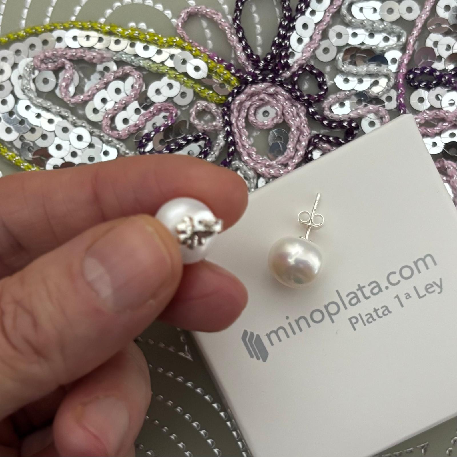 Pendientes Perla botón 12mm en Plata de ley 925 3