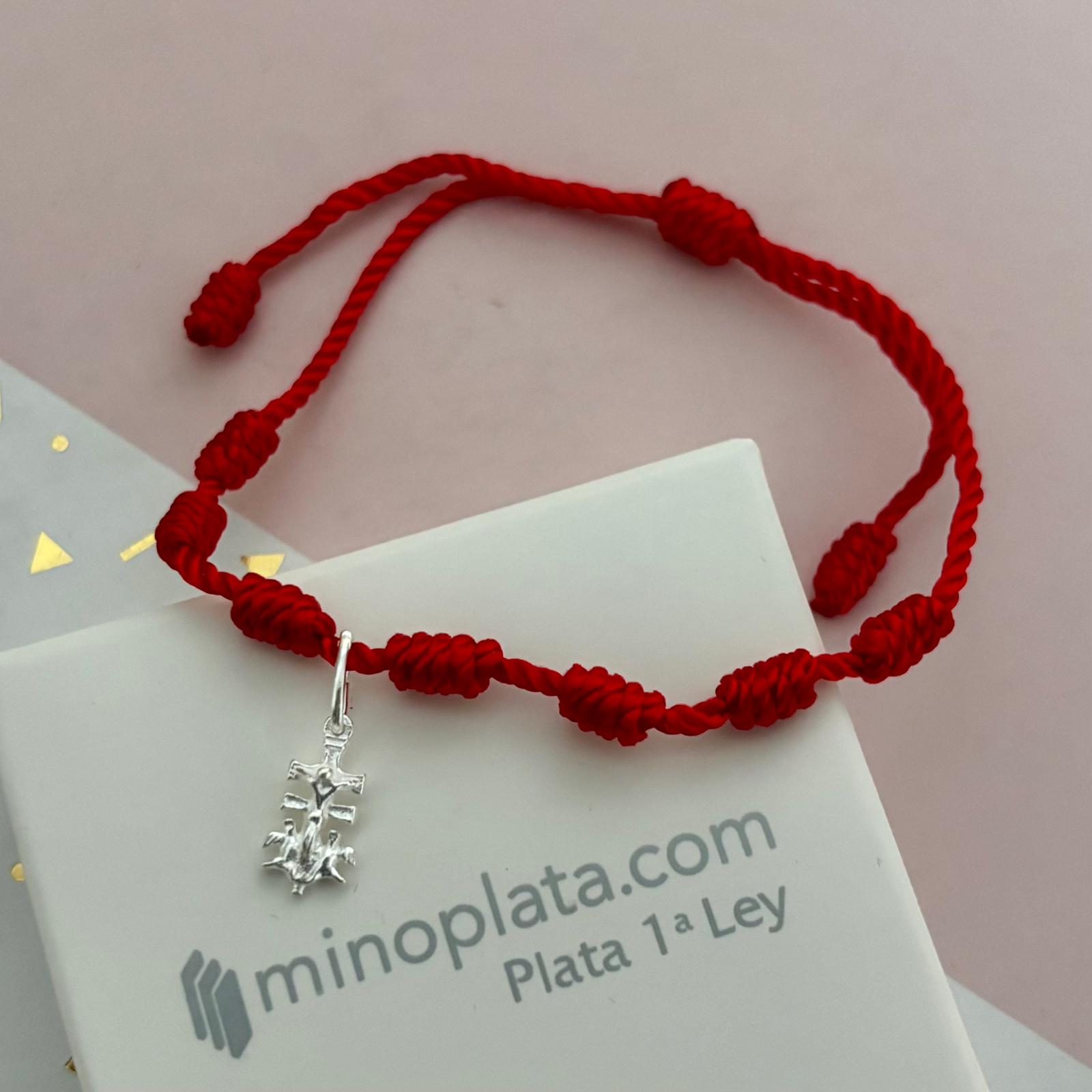 Pulsera roja siete nudos de seda ajustable con colgante Cruz de Caravaca de Plata de ley 925 3