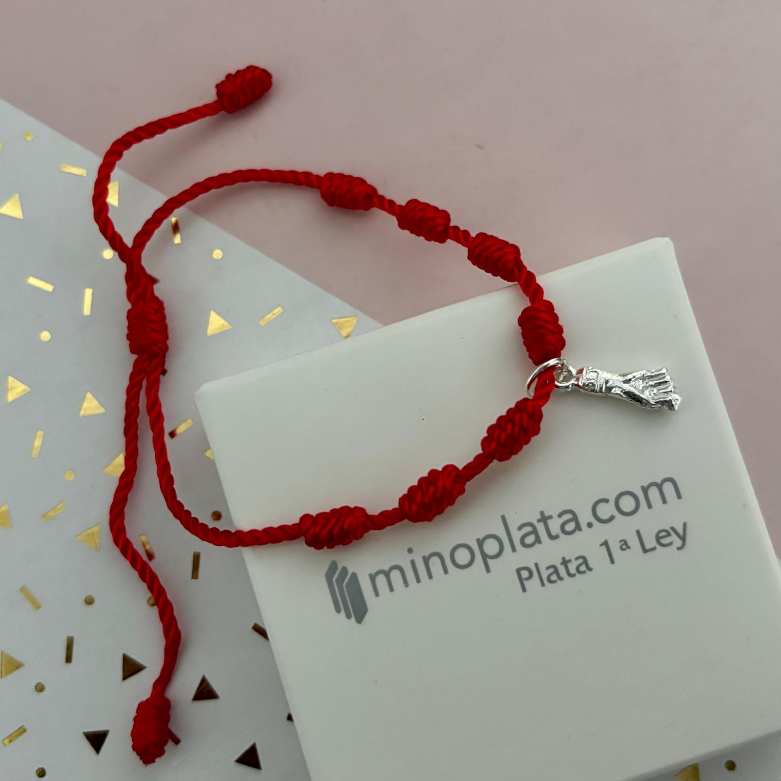 Pulsera roja unisex siete nudos ajustable con colgante puño de Plata de ley 925 3
