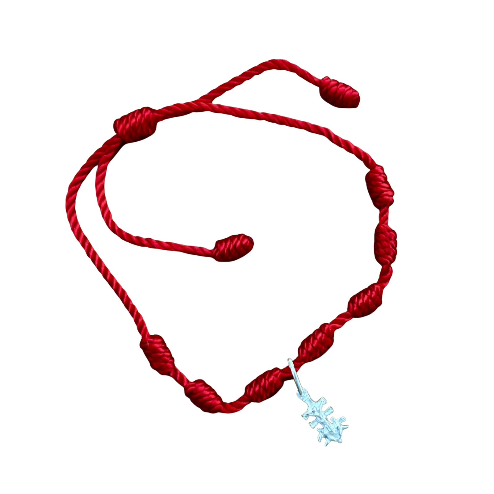 Pulsera roja siete nudos de seda ajustable con colgante Cruz de Caravaca de Plata de ley 925