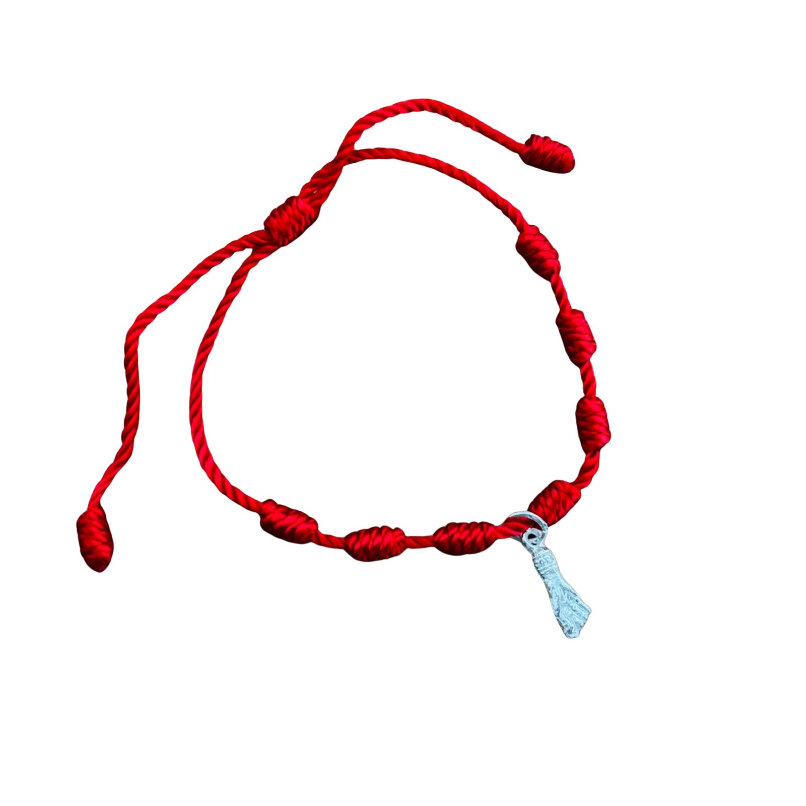 Pulsera roja unisex siete nudos ajustable con colgante puño de Plata de ley 925