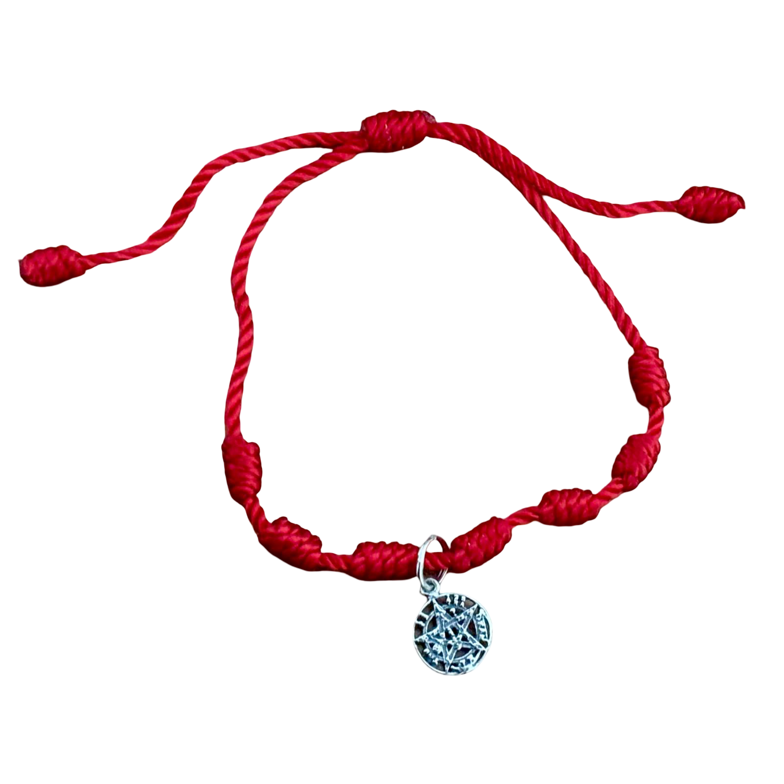 Pulsera roja siete nudos de seda ajustable con colgante Tetragramaton de Plata de ley 925 vieja  10mm