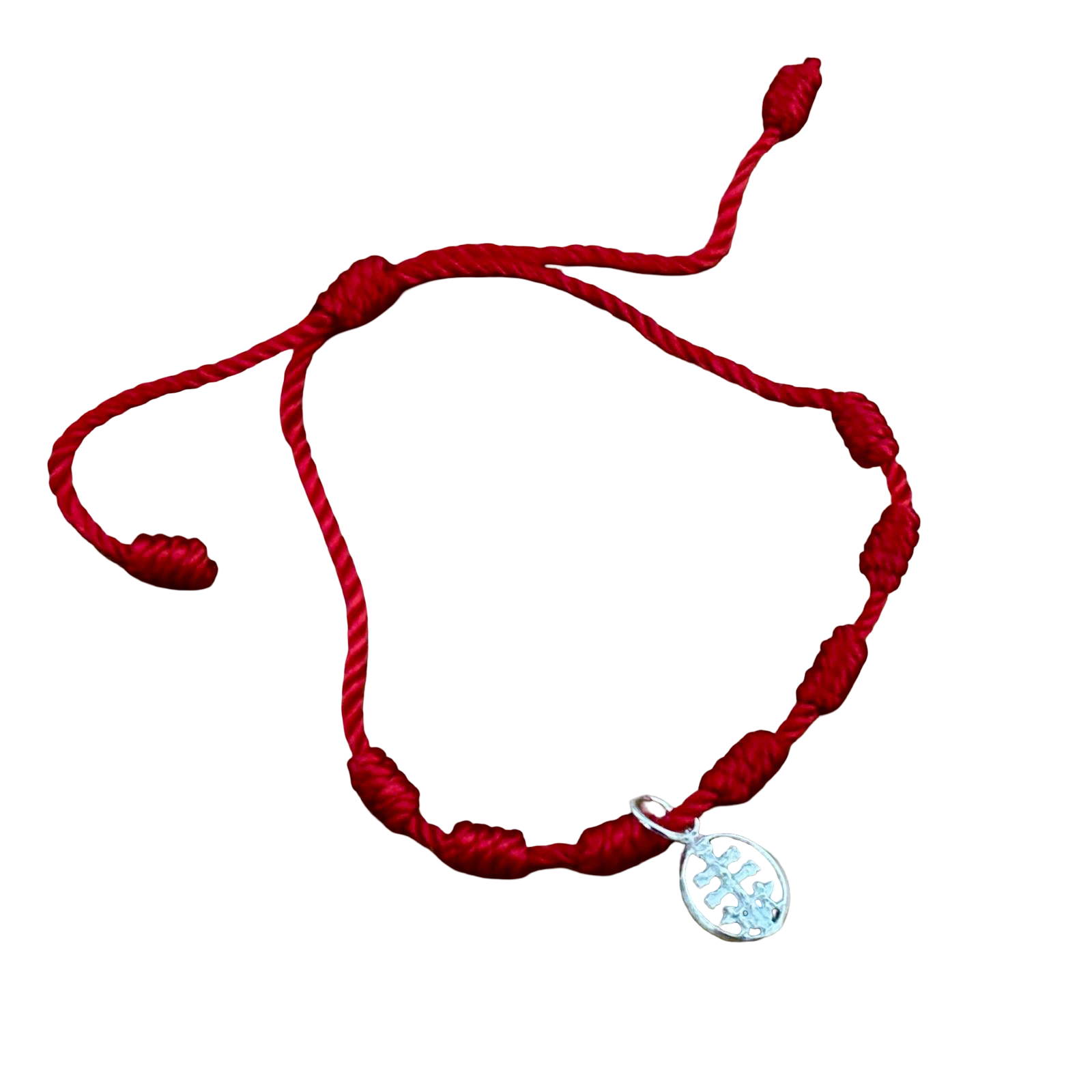 Pulsera roja siete nudos de seda ajustable con medalla ovalada Cruz de Caravaca de Plata de ley 925