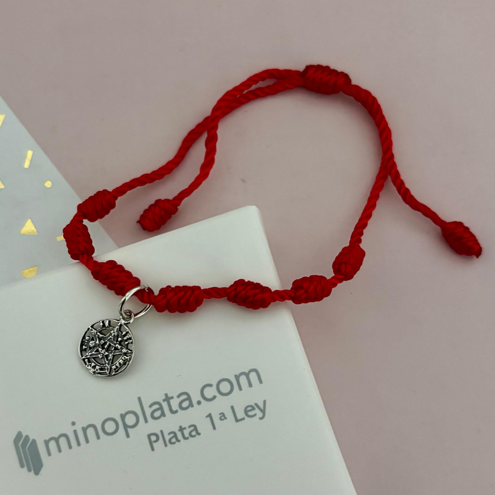 Pulsera roja siete nudos de seda ajustable con colgante Tetragramaton de Plata de ley 925 vieja  10mm 3