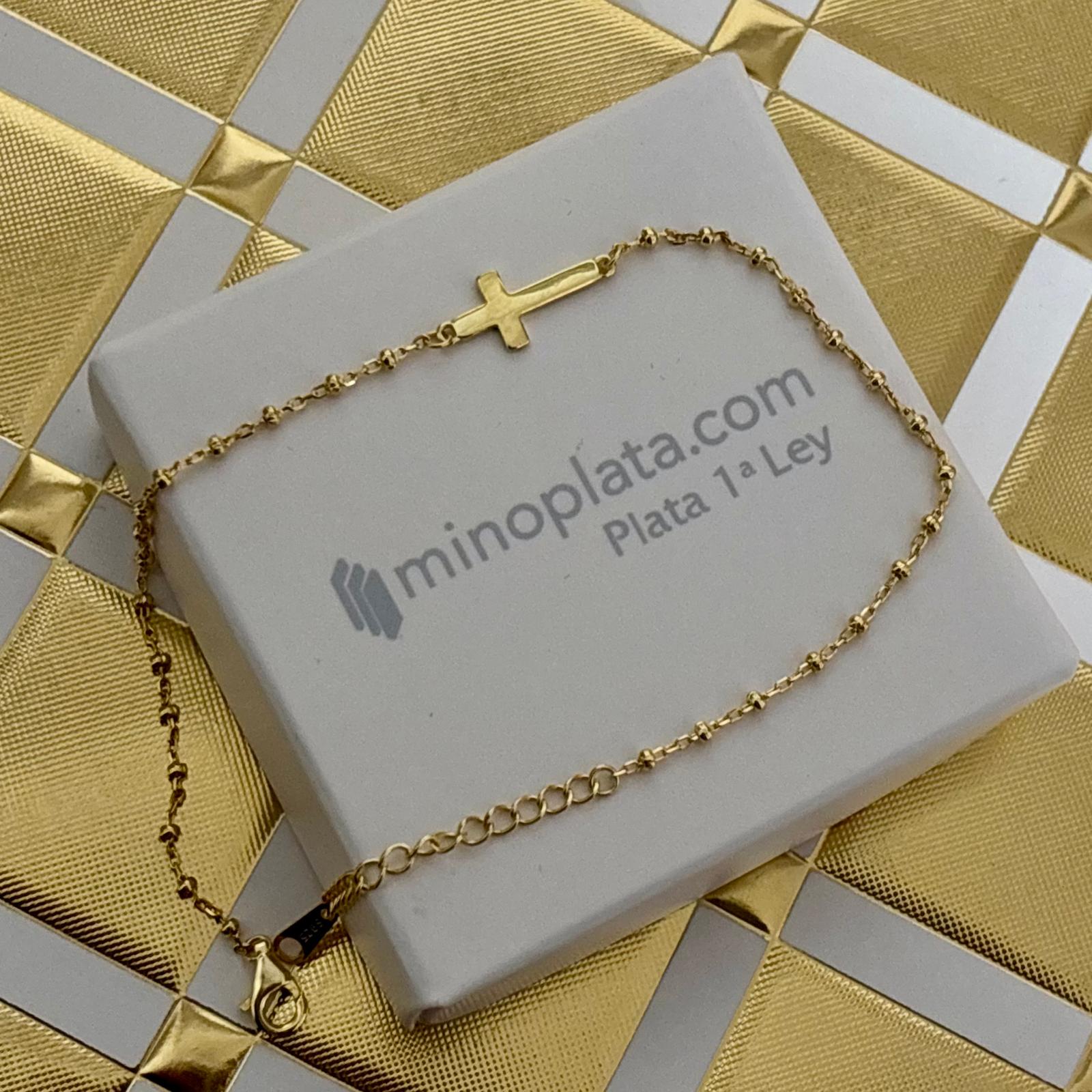 Pulsera cruz tumbada bolitas de Plata de ley chapada en Oro