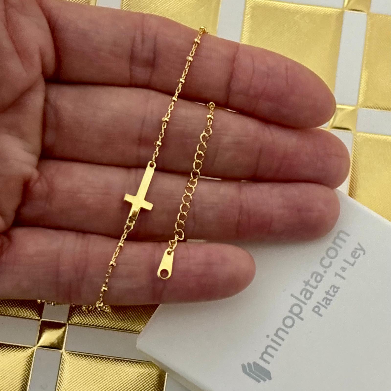 Pulsera cruz tumbada bolitas de Plata de ley chapada en Oro