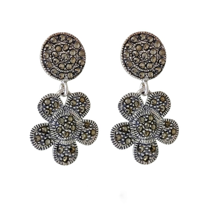 Pendientes largos flor de Plata vieja y piedras Marquesitas