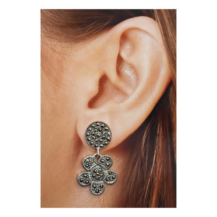 Pendientes largos flor de Plata vieja y piedras Marquesitas 4