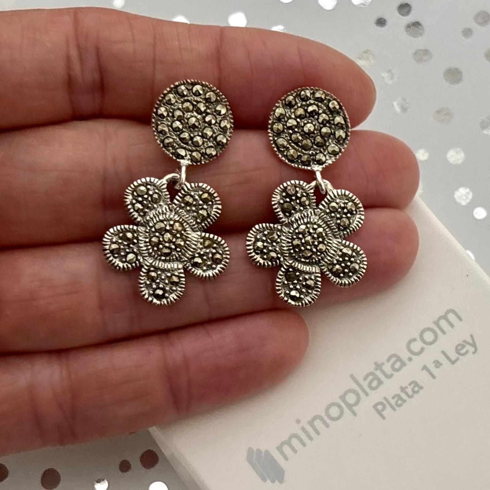Pendientes largos flor de Plata vieja y piedras Marquesitas 5