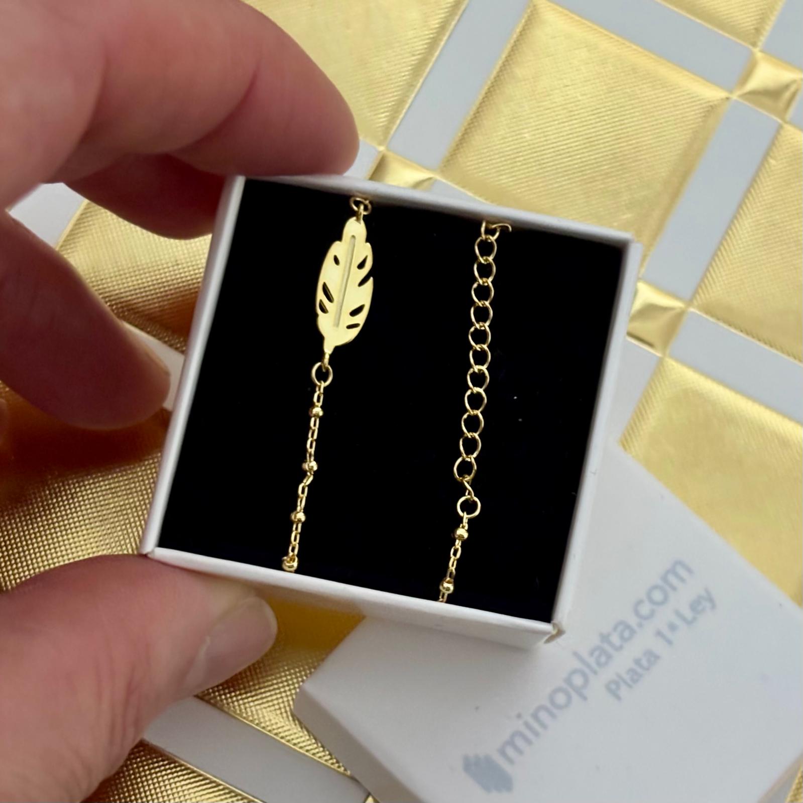 Pulsera pluma de Plata de ley chapada en Oro cadena bolitas 3