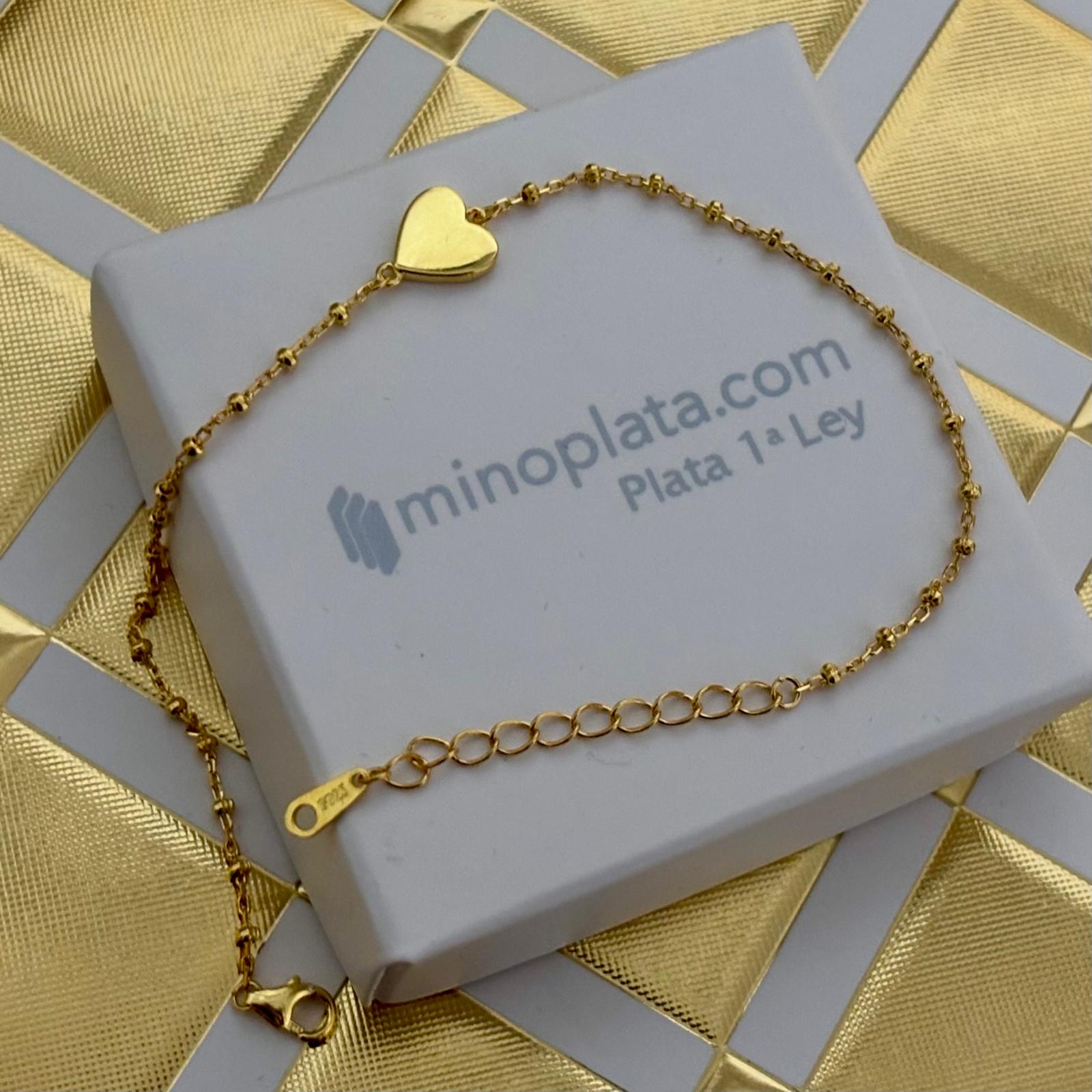 Pulsera corazón de Plata de ley bañada en Oro con bolitas