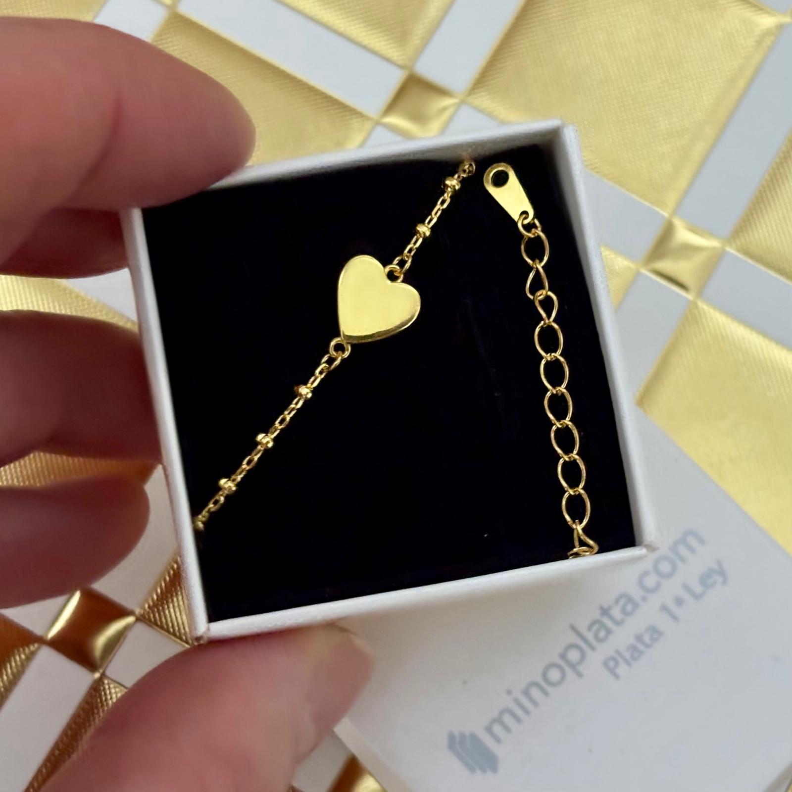 Pulsera corazón de Plata de ley bañada en Oro con bolitas 3