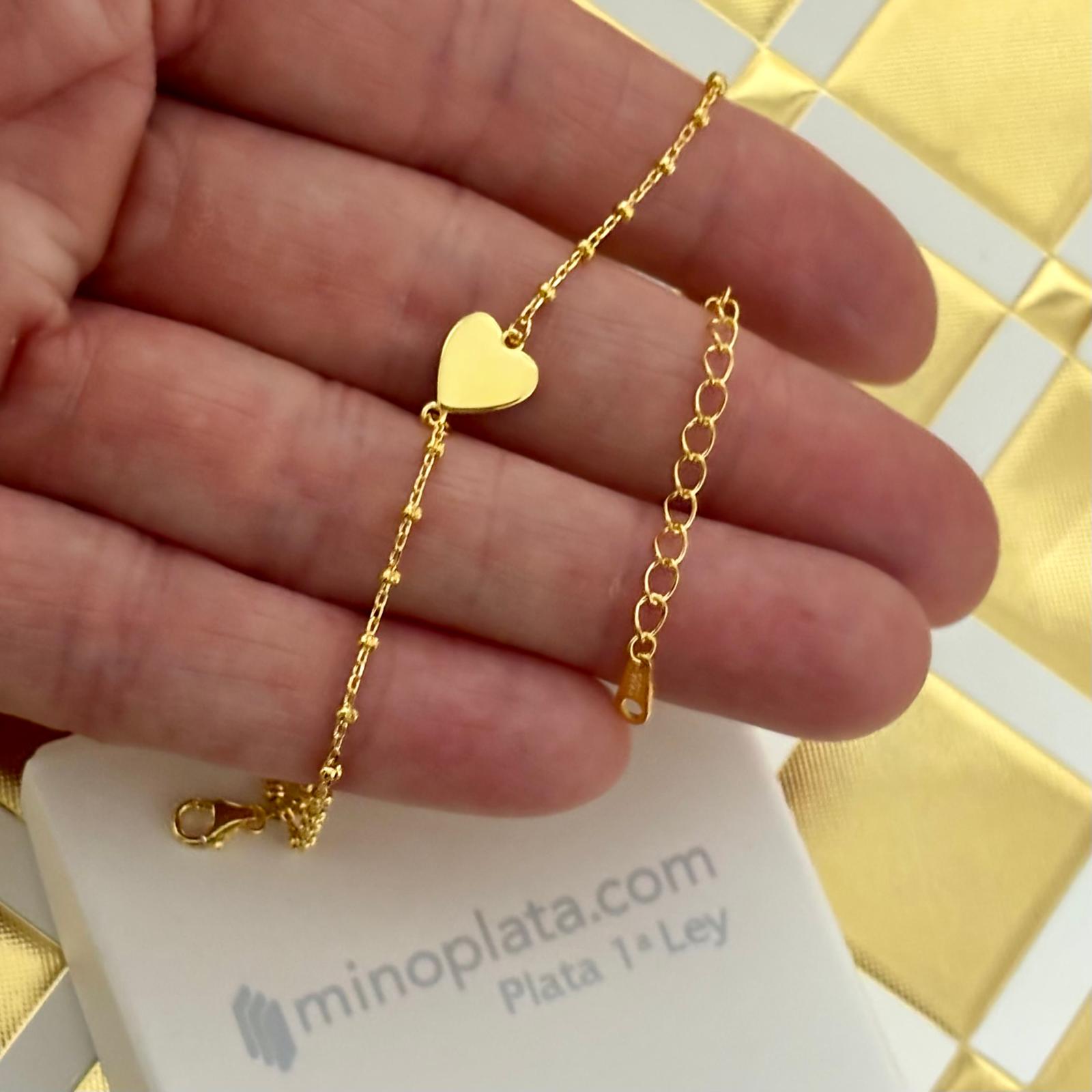 Pulsera corazón de Plata de ley bañada en Oro con bolitas