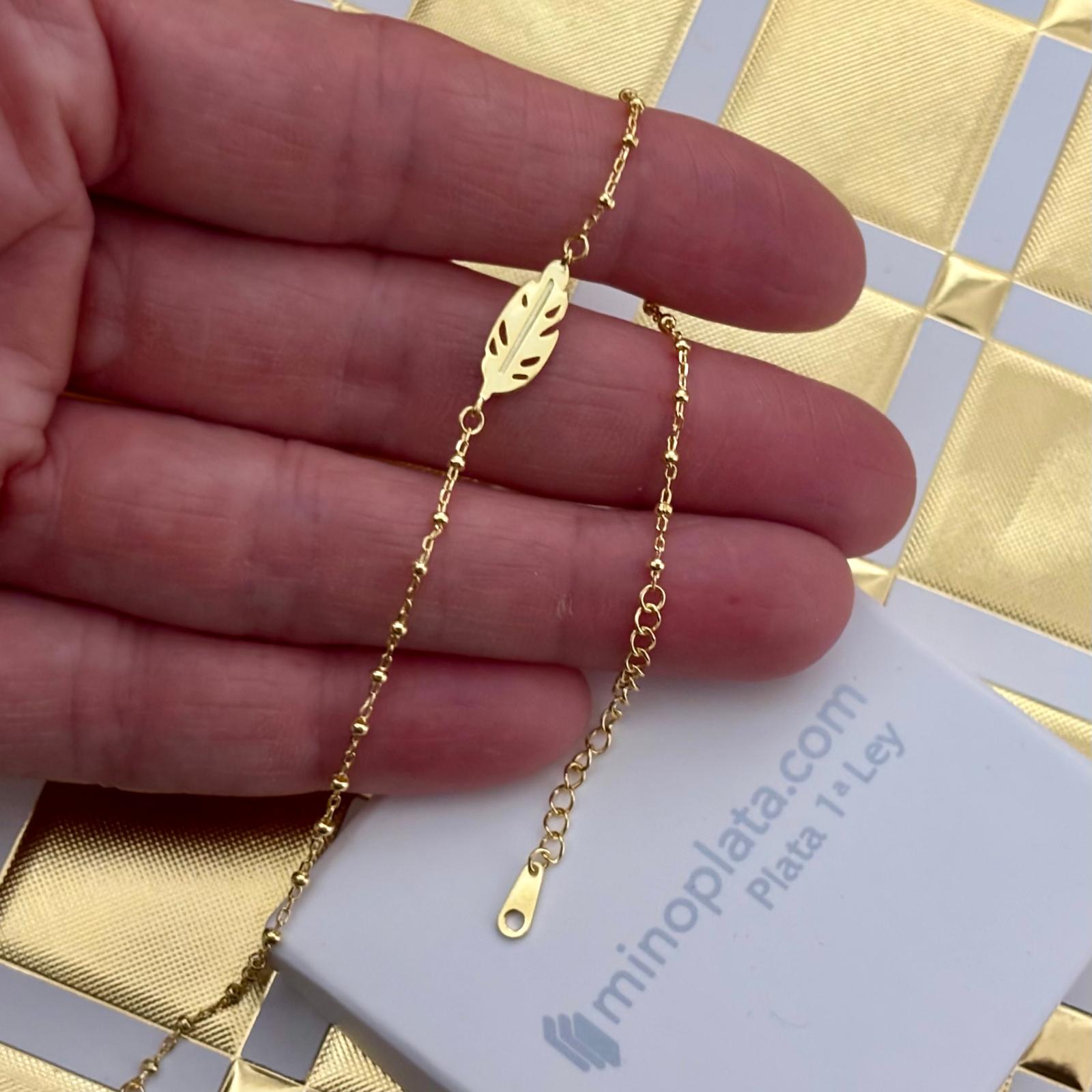 Pulsera pluma de Plata de ley chapada en Oro cadena bolitas