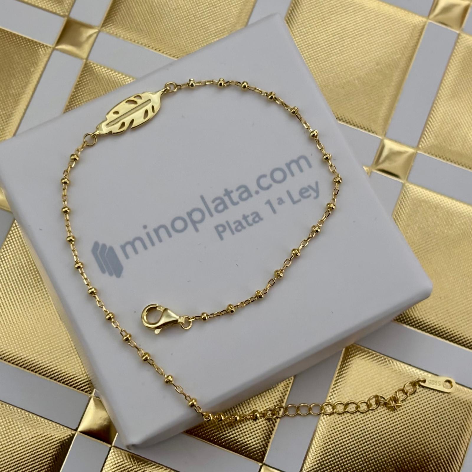 Pulsera pluma de Plata de ley chapada en Oro cadena bolitas