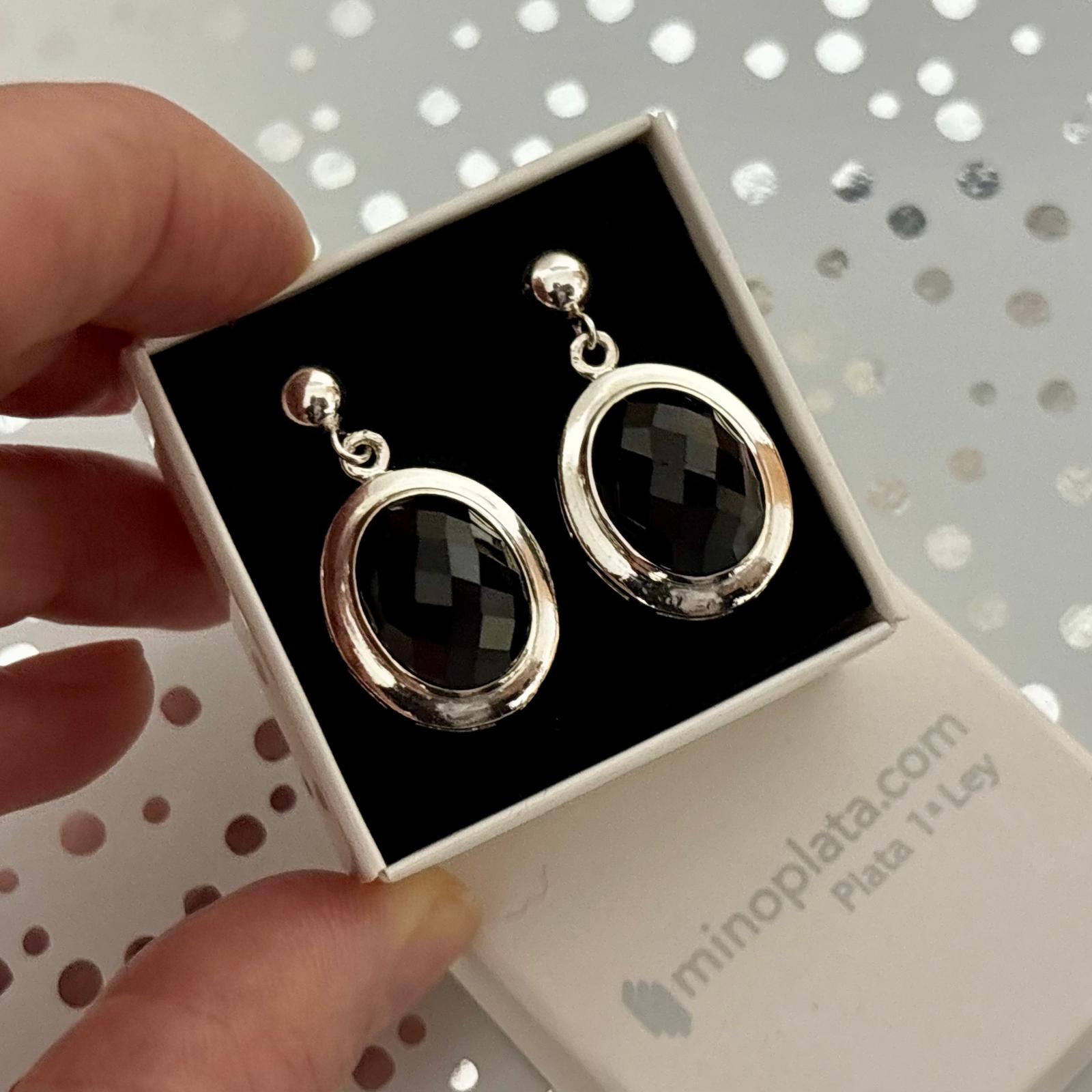 Pendientes largos de Plata de ley con piedra negra Ónix facetado 3