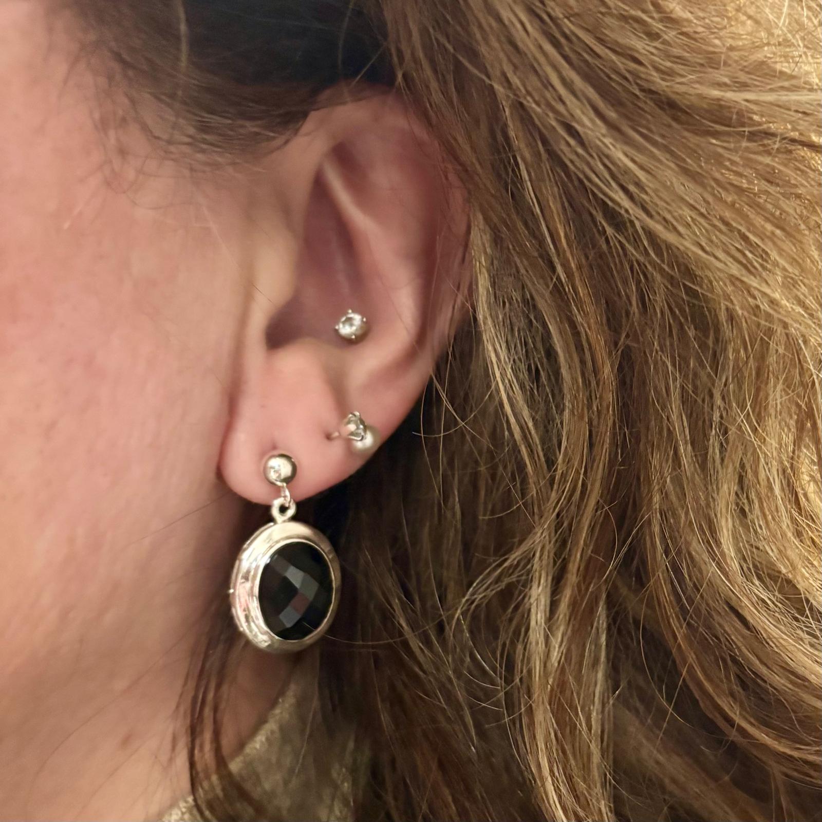 Pendientes largos de Plata de ley con piedra negra Ónix facetado 4