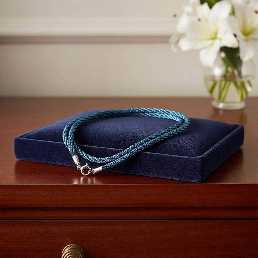 Cordon de Seda Azul reliada y cierre de Plata de 45 Cm.