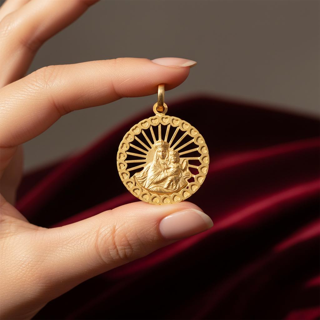 Medalla de la Virgen del Carmen de Plata chapada en Oro 20mm diámetro 3