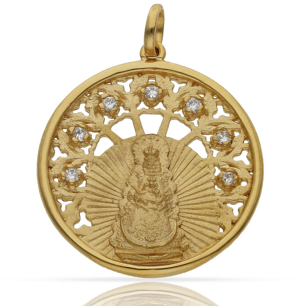 Medallón Virgen del Rocío 30mm de Plata de ley chapada en Oro con Circonitas