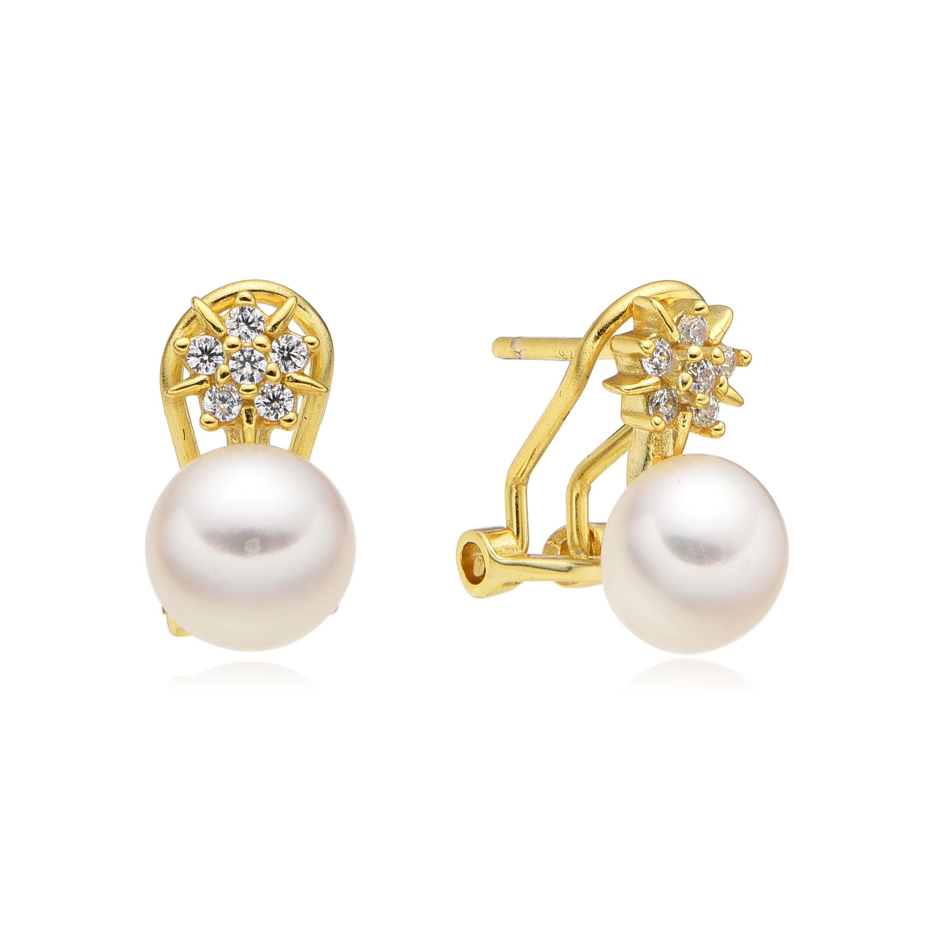 Pendientes Perlas cultivadas 7mm flor de Plata chapada en Oro con Circonitas microengastadas y cierre omega