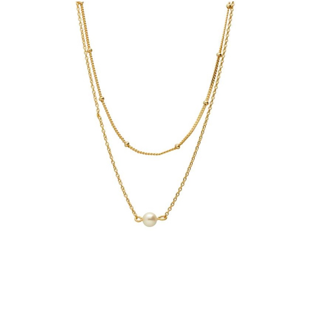 Gargantilla doble bolitas y fina cadena con Perla cultivada en Plata de ley dorada