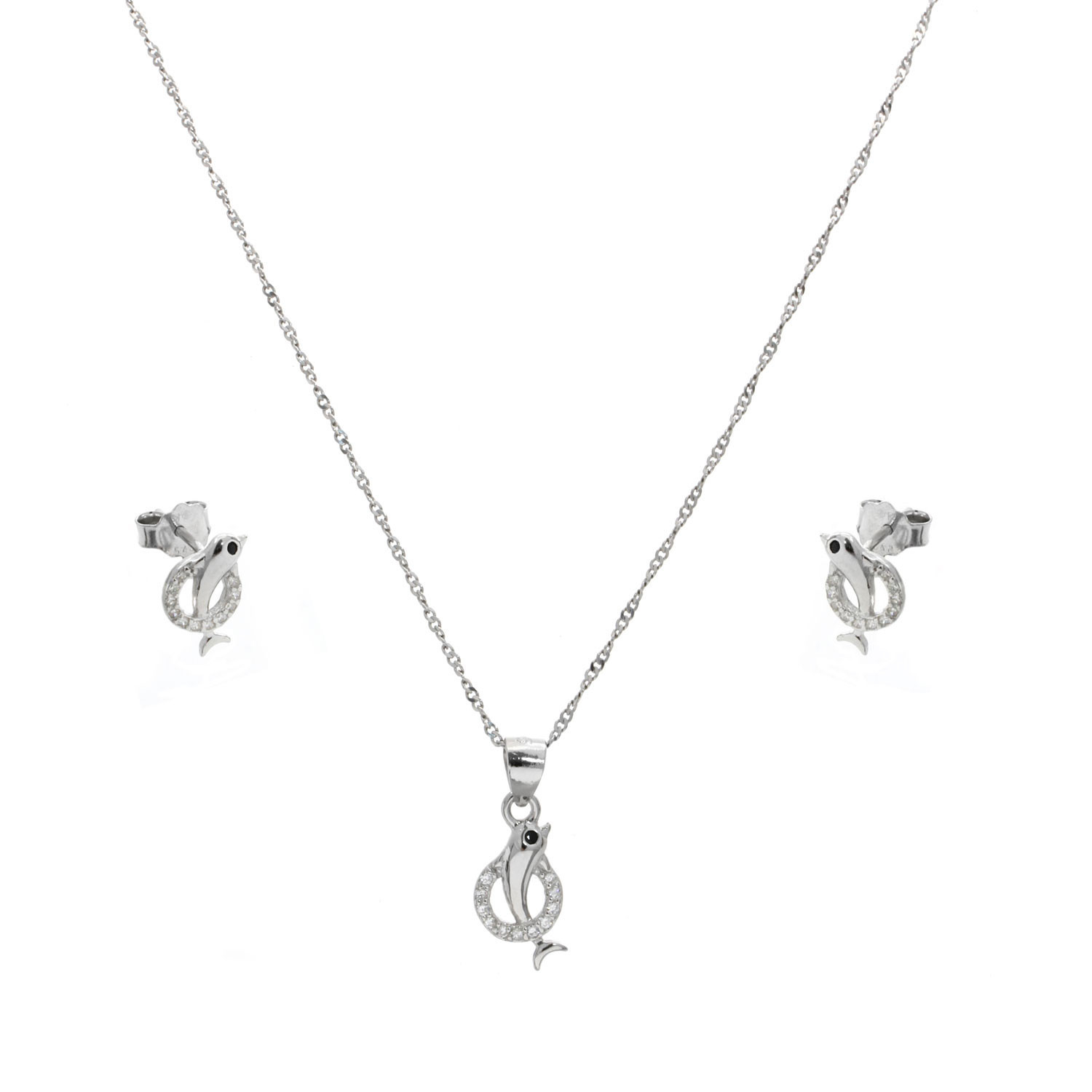 Conjunto de Pendientes y Gargantilla delfines de Plata de ley rodiada con Circonitas