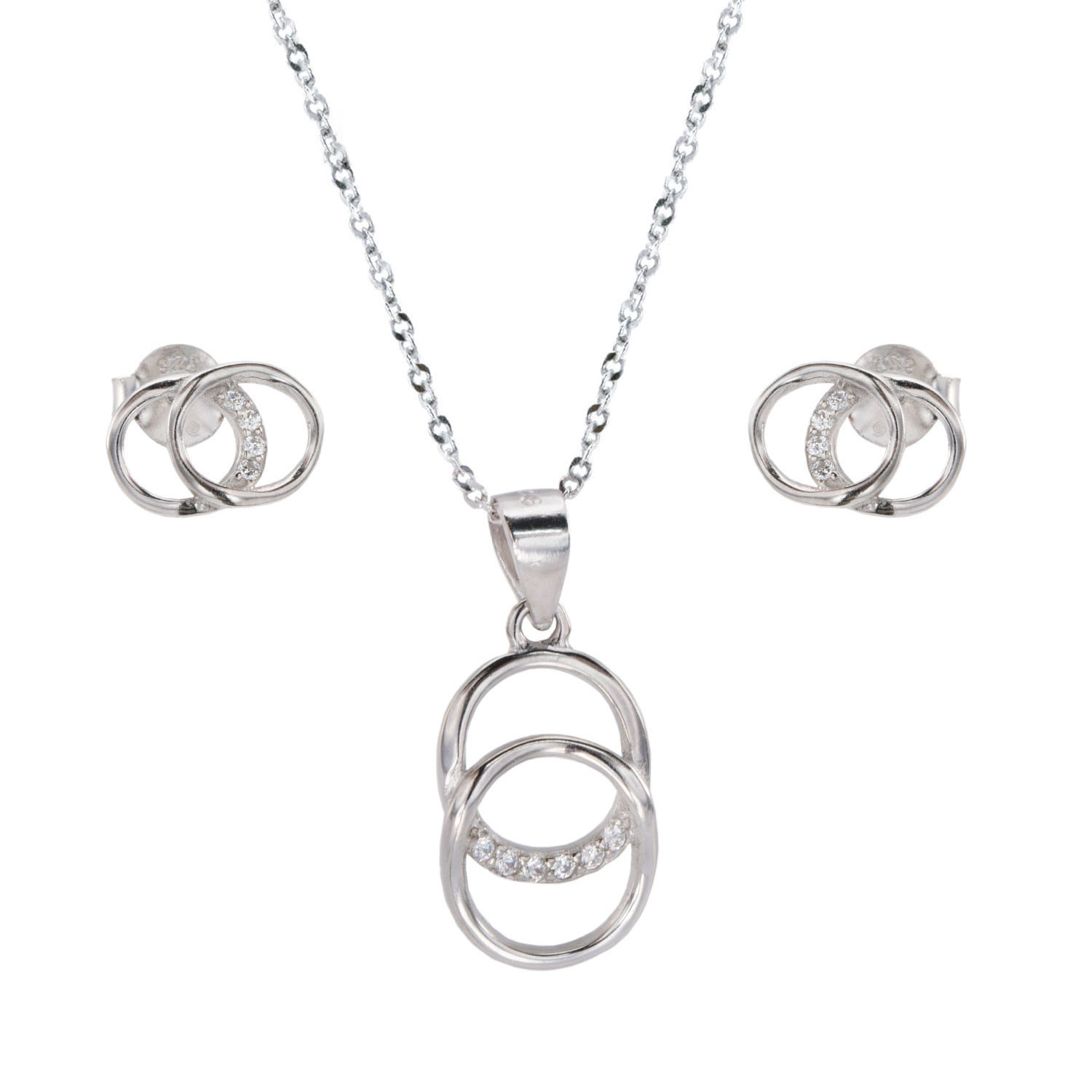 Juego de Pendientes y Collar doble karma de Plata de ley rodiada y Circonitas