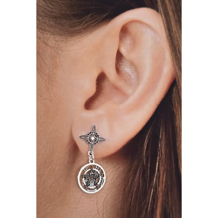 Pendientes nudo de bruja y tetragramatón colgante de Plata de ley envejecida