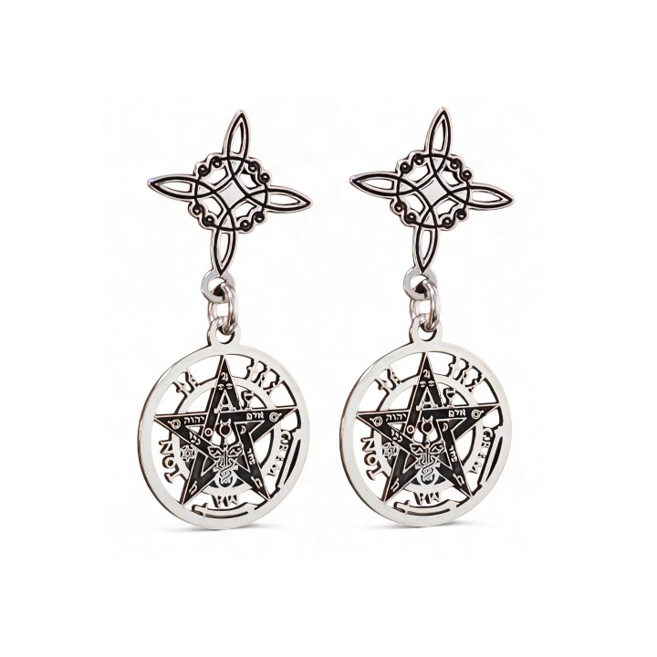 Pendientes nudo de bruja y tetragramatón colgante de Plata de ley envejecida