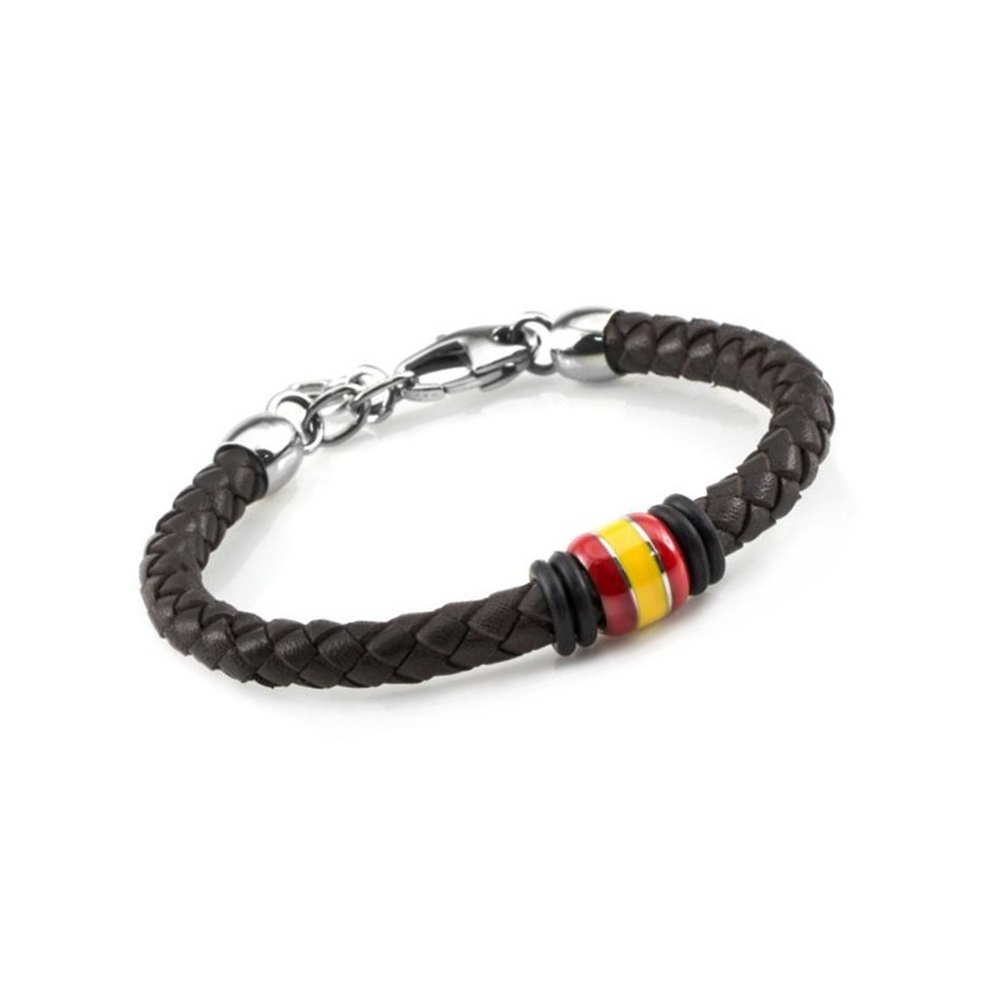 Pulsera España de cuero marrón trenzado y Acero inoxidable