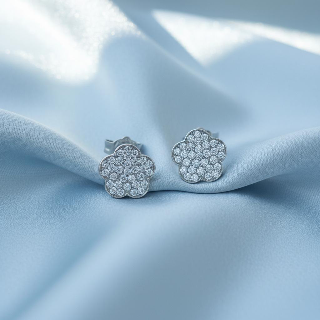 Pendientes flor de Plata de ley rodiada con Circonitas microengastadas 10mm