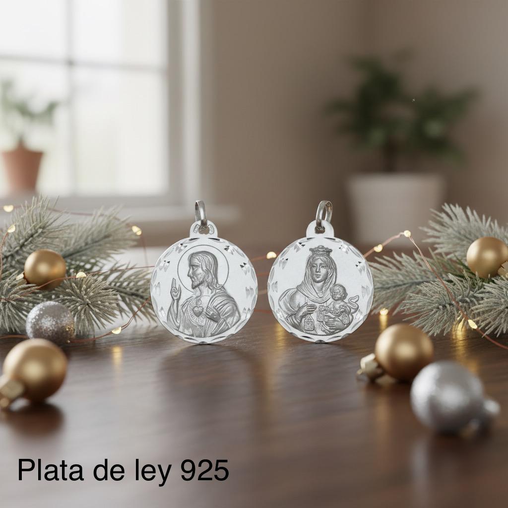 Medalla Escapulario Virgen del Carmen y Sagrado Corazón de Plata de ley tallada 20mm
