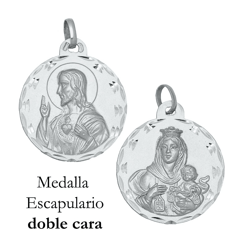 Medalla Escapulario Virgen del Carmen y Sagrado Corazón de Plata de ley tallada 20mm