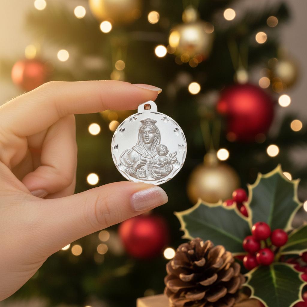 Medalla Escapulario Virgen del Carmen y Sagrado Corazón de Plata de ley tallada 20mm 4