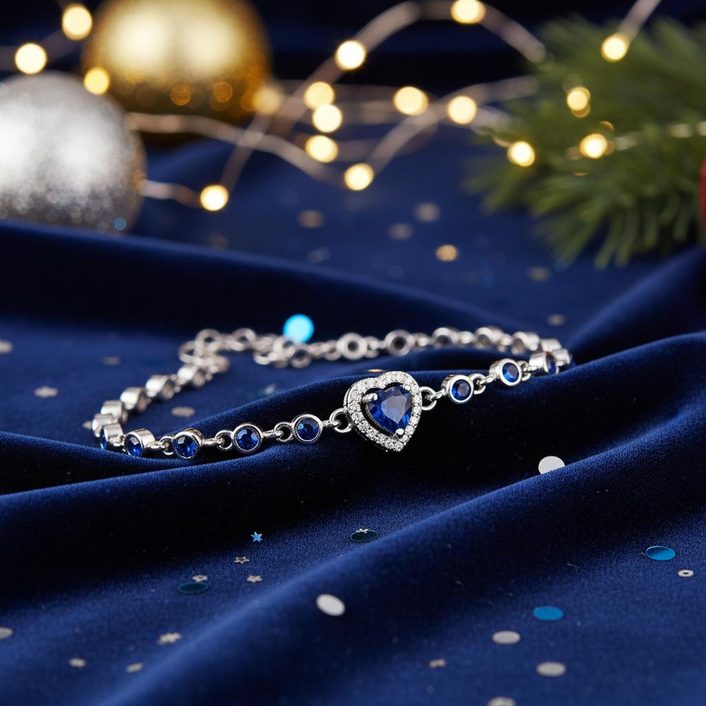 Pulsera corazón de Plata de ley rodiada con Circonitas azul zafiro