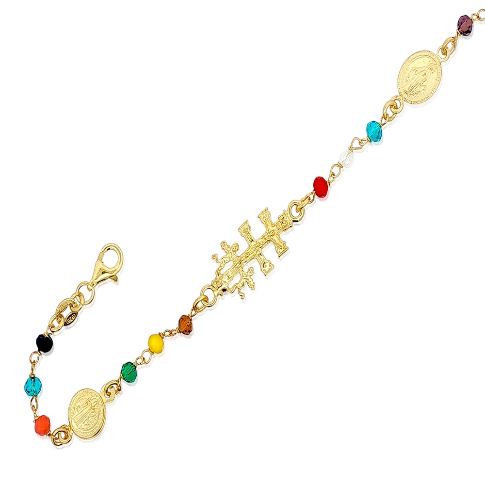 Pulsera tres amuletos Cruz de Caravaca, Medalla San Benito y Medalla Milagrosa de Plata de ley chapada en Oro con bolitas color